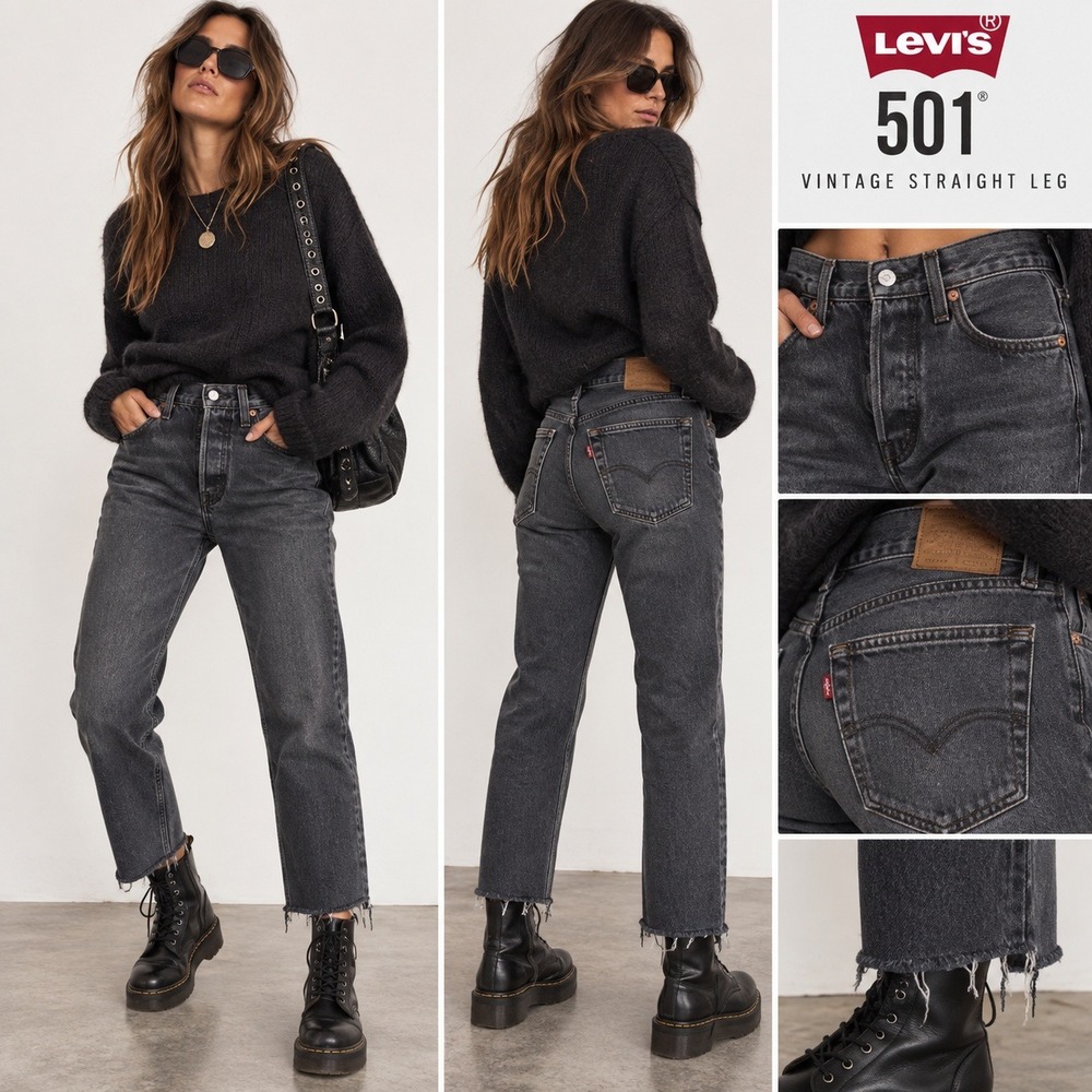 Levi's 501 Original Fit Jeans Charcoal Gray Raw Hem Button Fly Grunge Sz 26